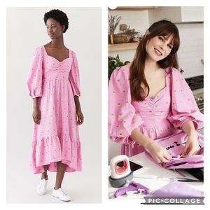 Farm Rio XS Embroidered Pineapples Pink Linen Midi Dress